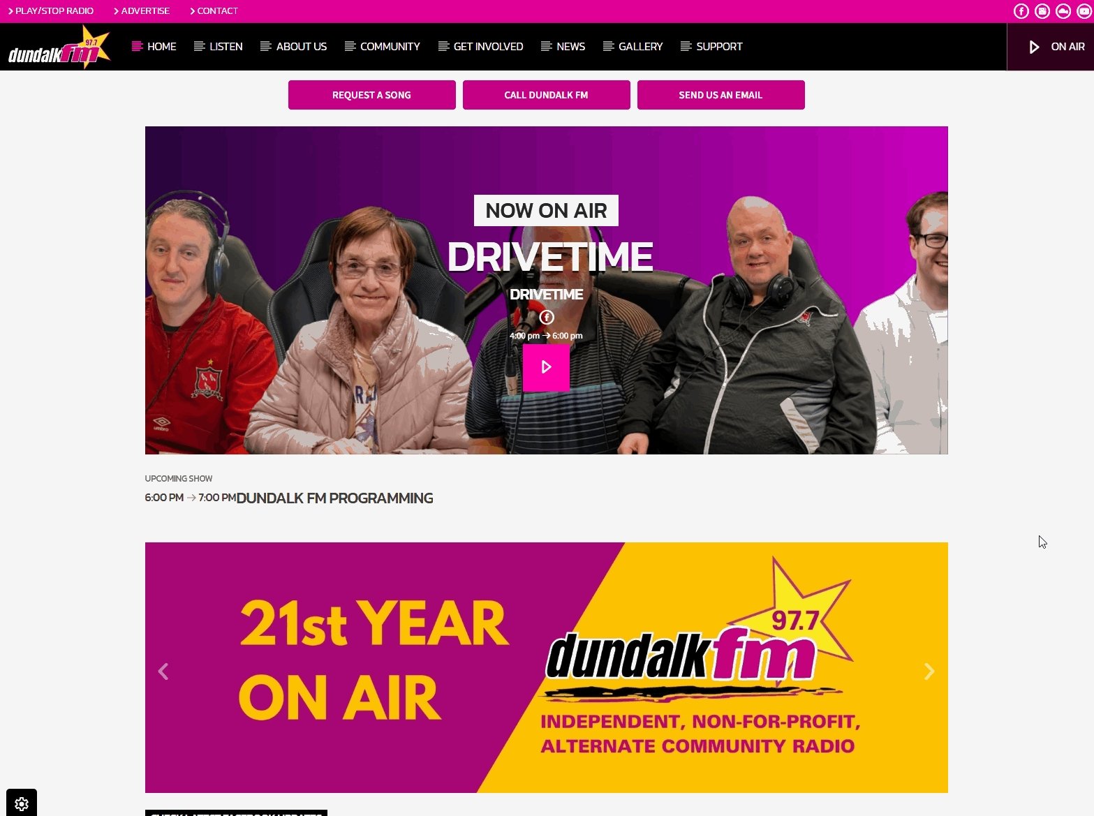The new Dundalk FM homepage showing the on-air presenter and upcoming schedule