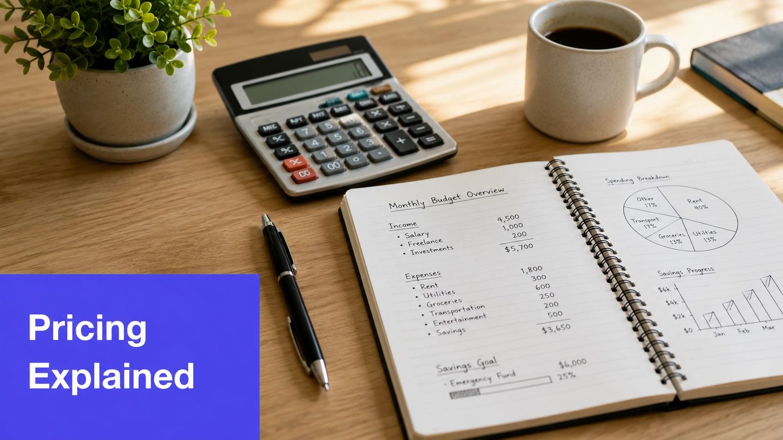 A wooden desk featuring a notebook with monthly budget data, a calculator, a pen, and a coffee mug.