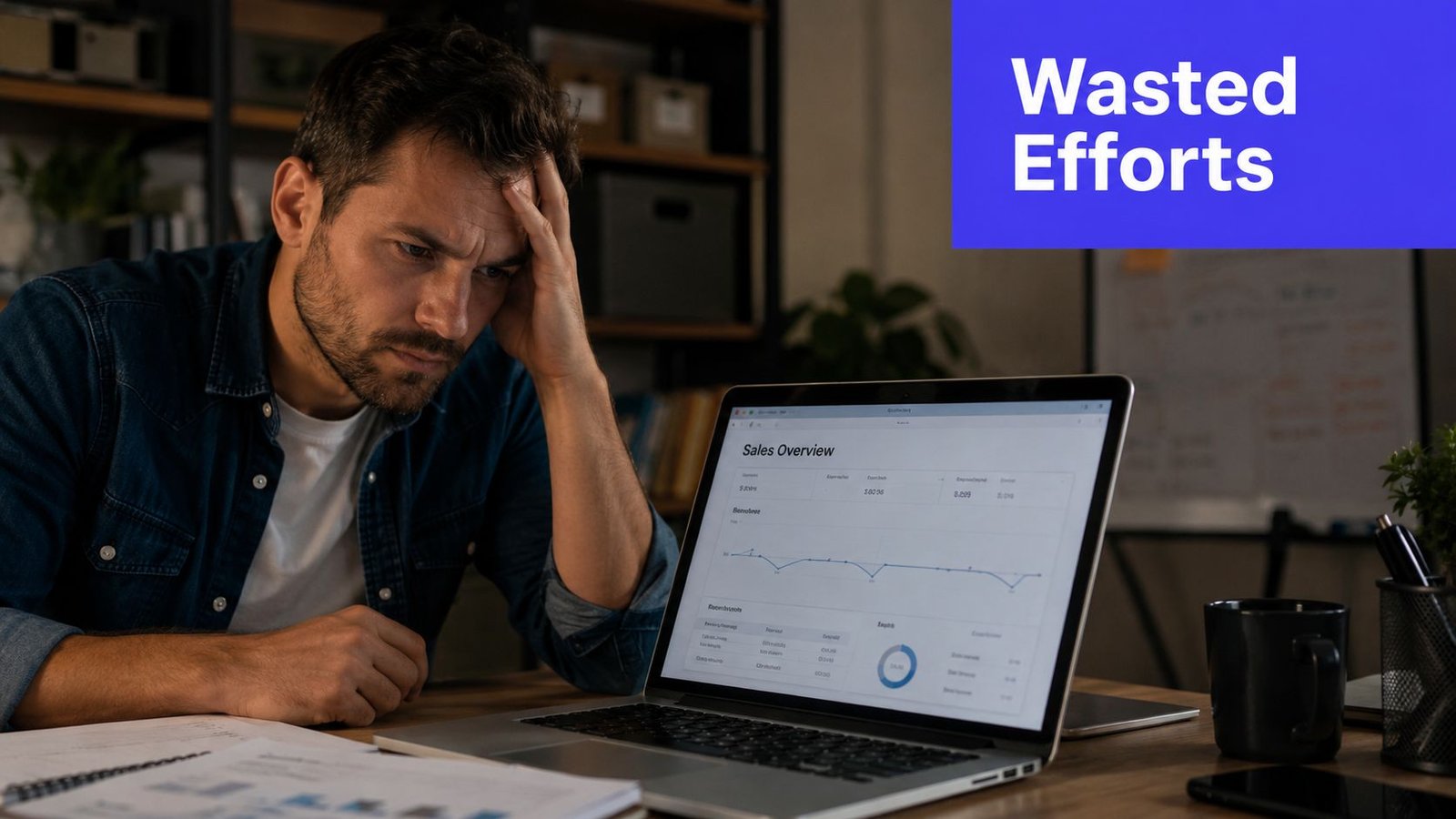 A stressed businessman looking at poor sales data on his laptop screen in a dimly lit office.