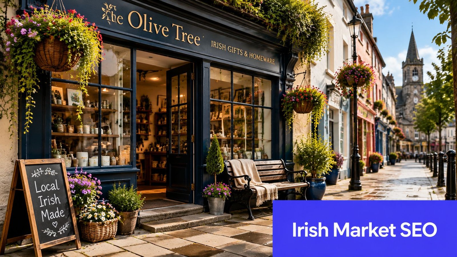 The exterior of The Olive Tree Irish gifts and homeware shop on a charming town street.