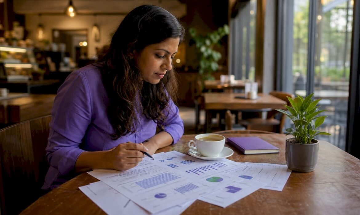 Woman analyzing SEO performance reports at home office
