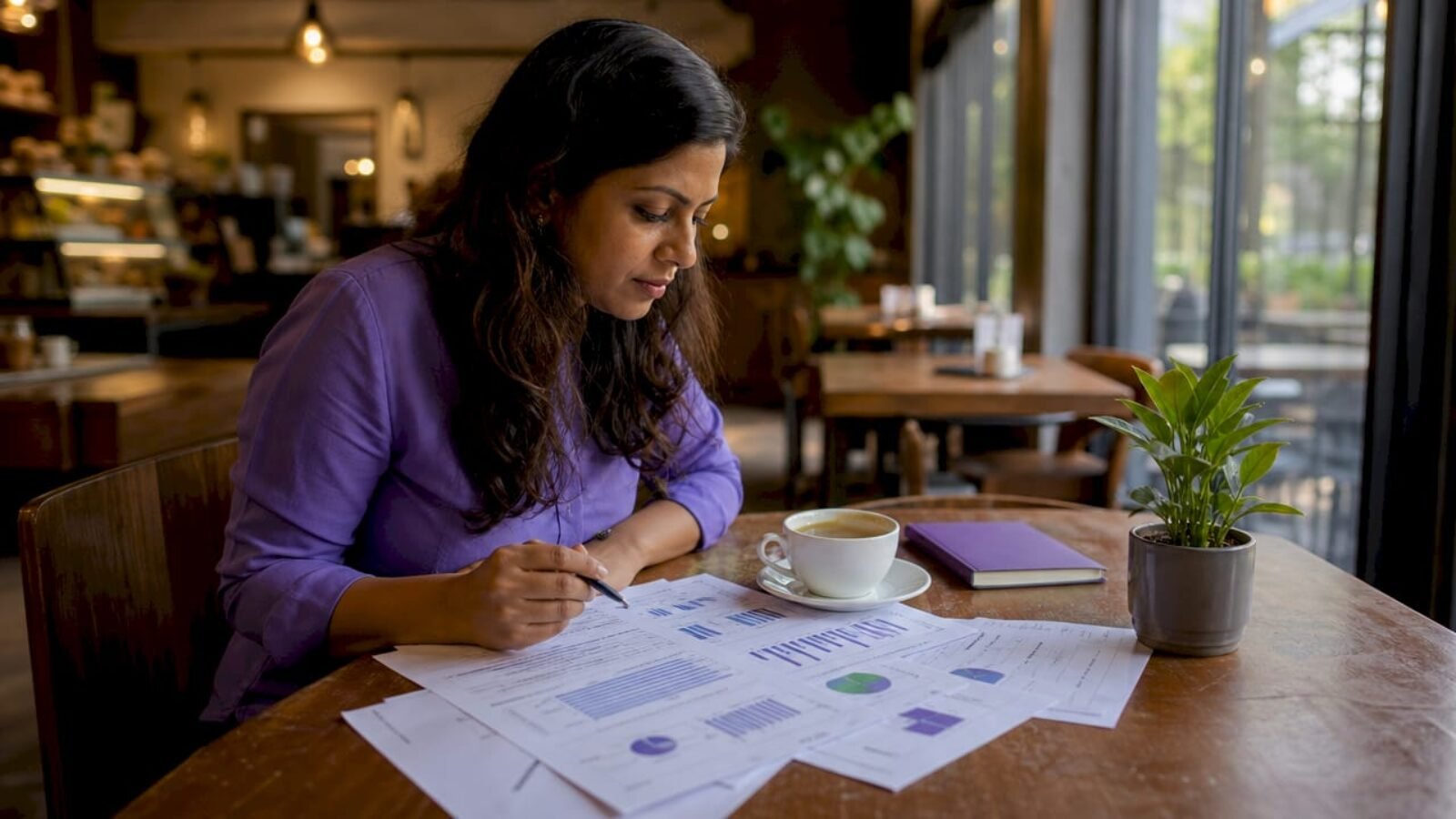 Woman analyzing SEO performance reports at home office