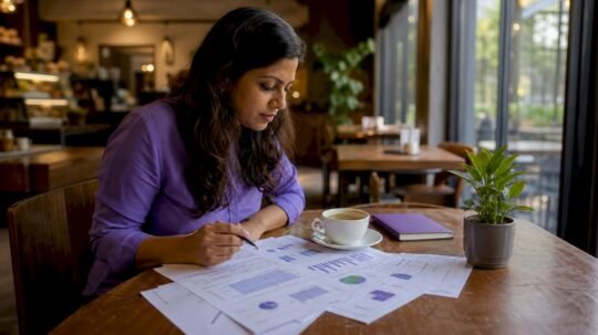 Woman analyzing SEO performance reports at home office