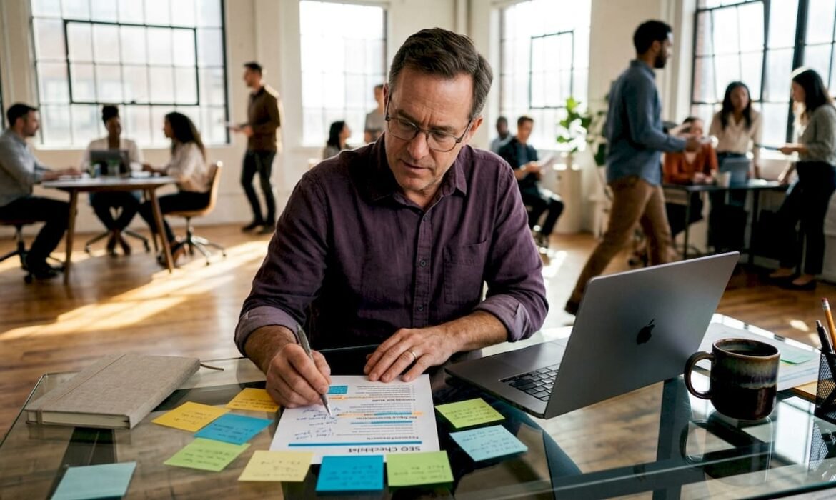 Man reviewing printed SEO checklist at home desk