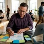 Man reviewing printed SEO checklist at home desk