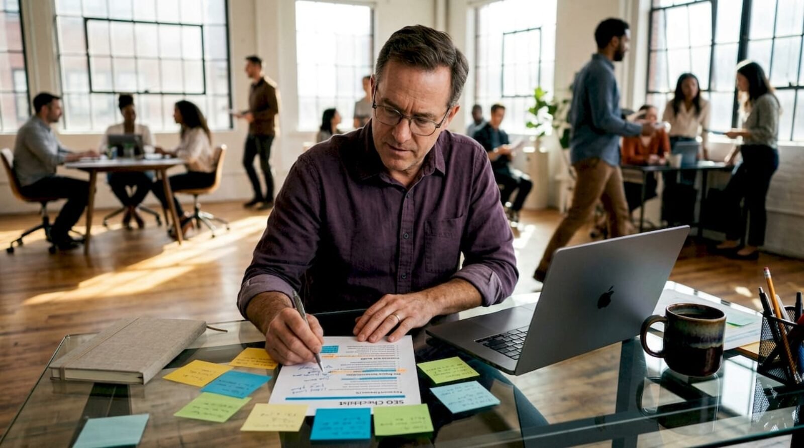 Man reviewing printed SEO checklist at home desk