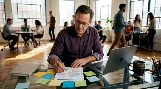 Man reviewing printed SEO checklist at home desk